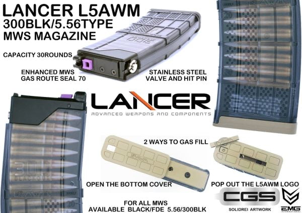 EMG Lancer Systems Licensed L5AWM 30 Rds MWs Gas Magazine for Marui TM MWS GBB Series ( 300BLK / 5.56 Type ) ( by CGS & SP System T8 )