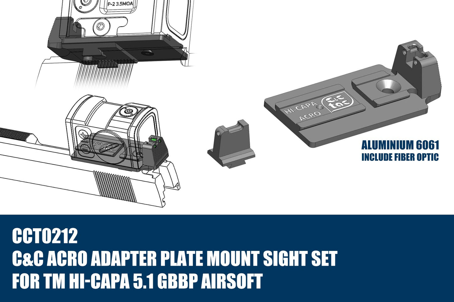 C&C Tac ACRO Adapter Plate Mount Sight Set For Marui TM Hi-Capa 5.1 GBBP Series