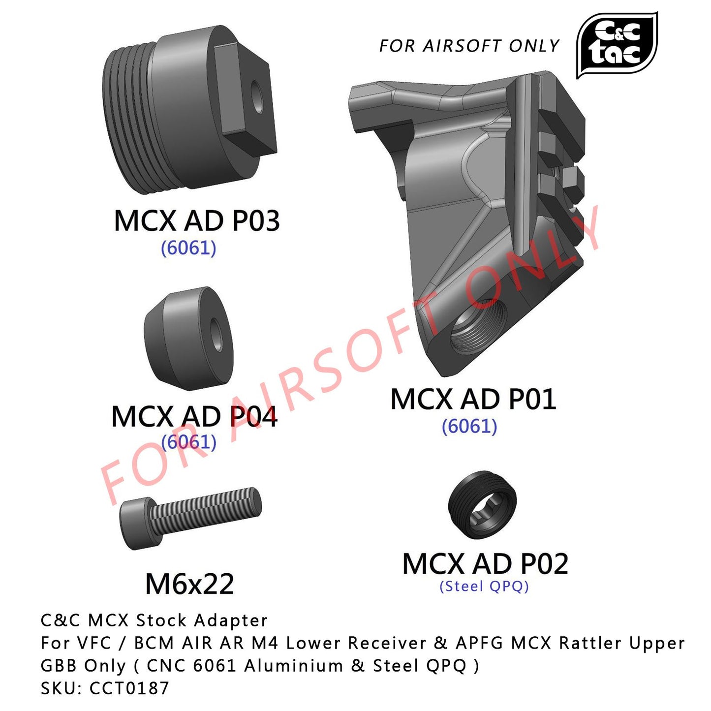 C&C Tac CNC MCX Stock Adapter for VFC / BCM AIR AR M4 / 416 Lower Receiver & APFG MCX Rattler Upper GBB Only ( Black )